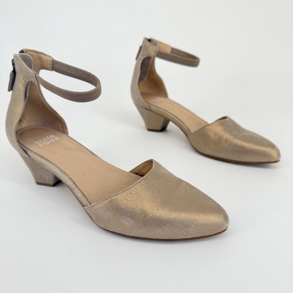 Eileen Fisher Size 6.5 Gold Champagne Leather Ankle Strap Block Heel Pump Nubuck